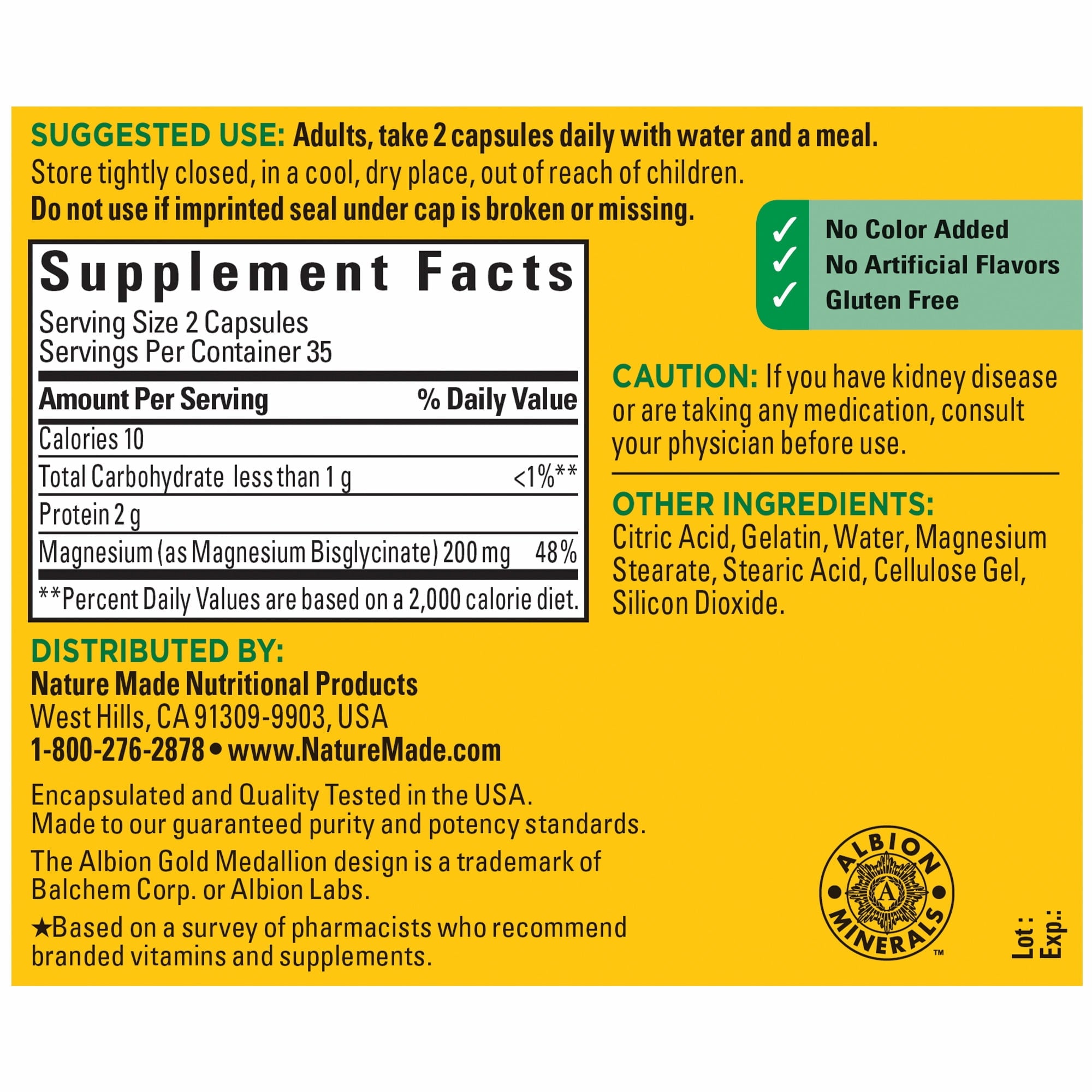 Nature Made Glicinato de Magnesio 200 mg, 70 uds
